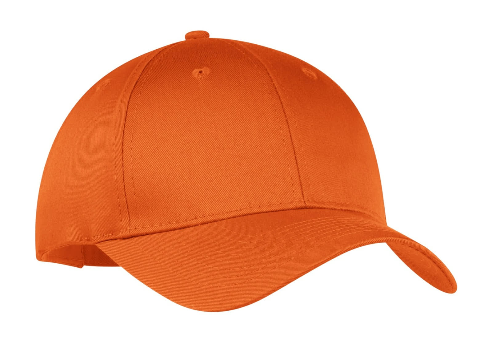 An orange six-panel twill cap with a curved brim and a logo on the front.