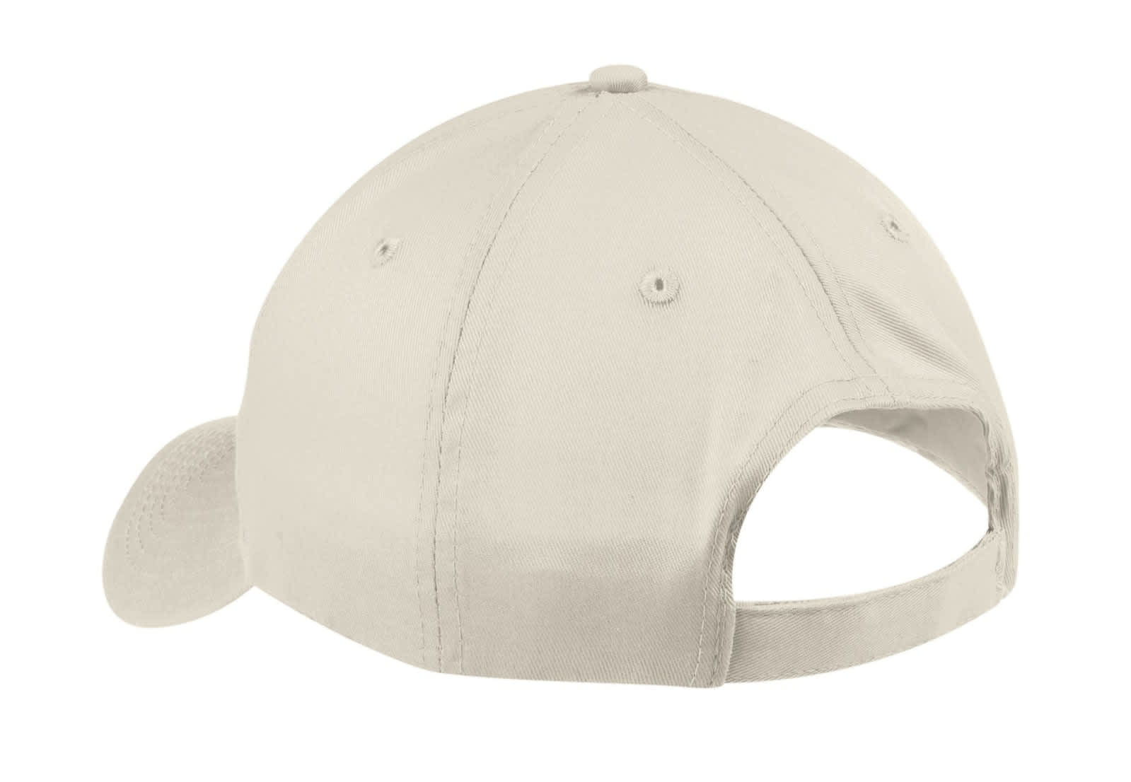 A light beige six-panel twill cap featuring an adjustable strap and a back opening, with a logo detail.