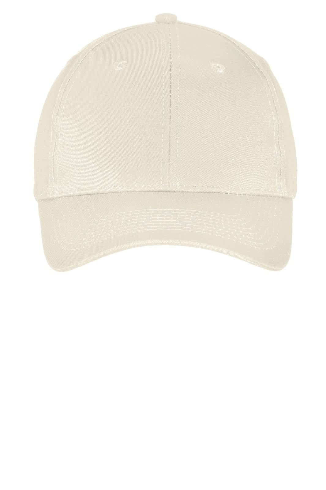 A cream-coloured six-panel twill cap with a curved brim and a logo on the front.