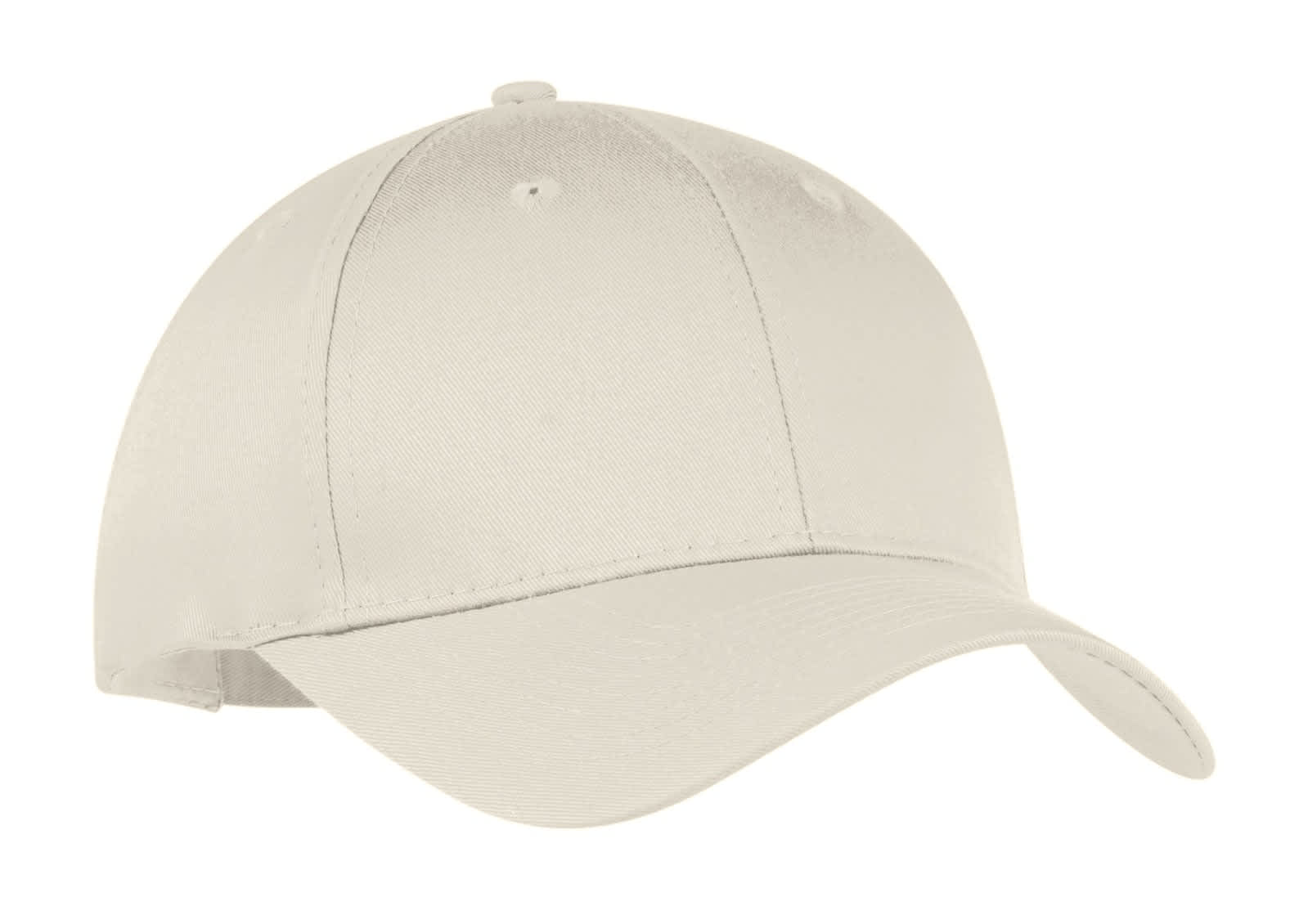 A six-panel twill cap in a light beige colour, featuring a round crown and a curved brim, with a logo.