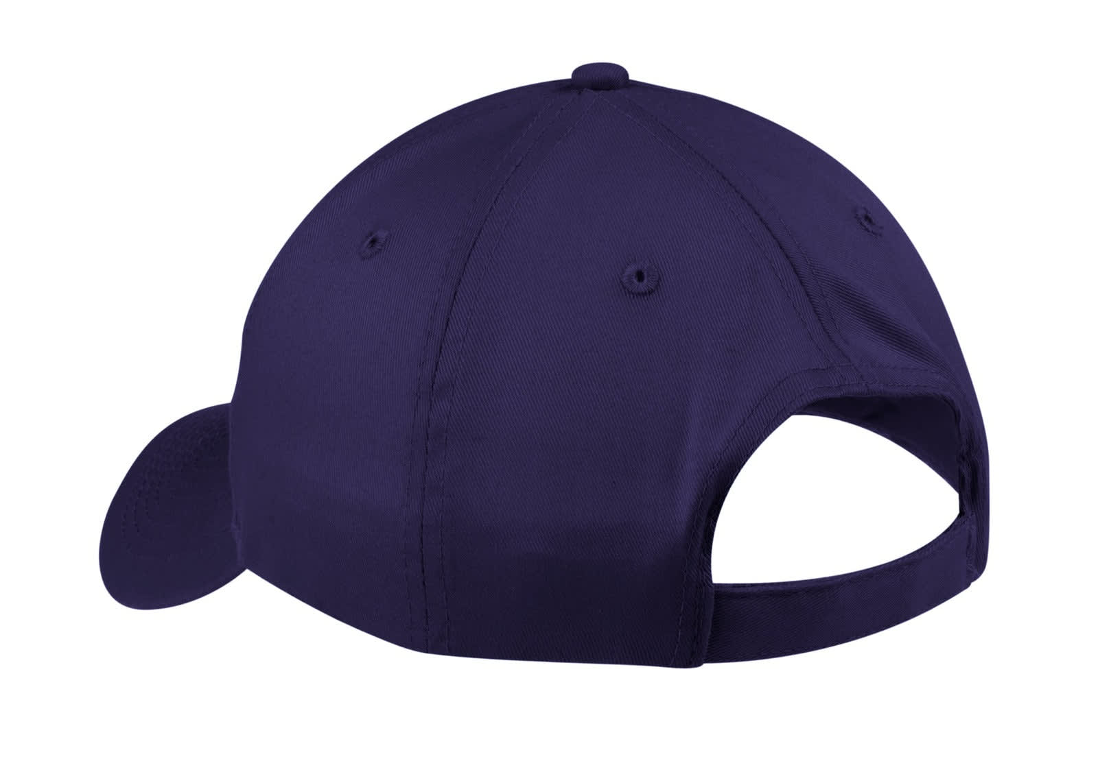 A navy six-panel twill cap featuring an adjustable back and ventilation holes. It includes a logo.
