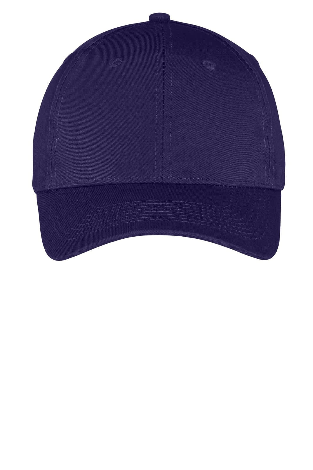 A purple six-panel twill cap featuring a curved visor and an adjustable strap. The cap has a logo on the front.