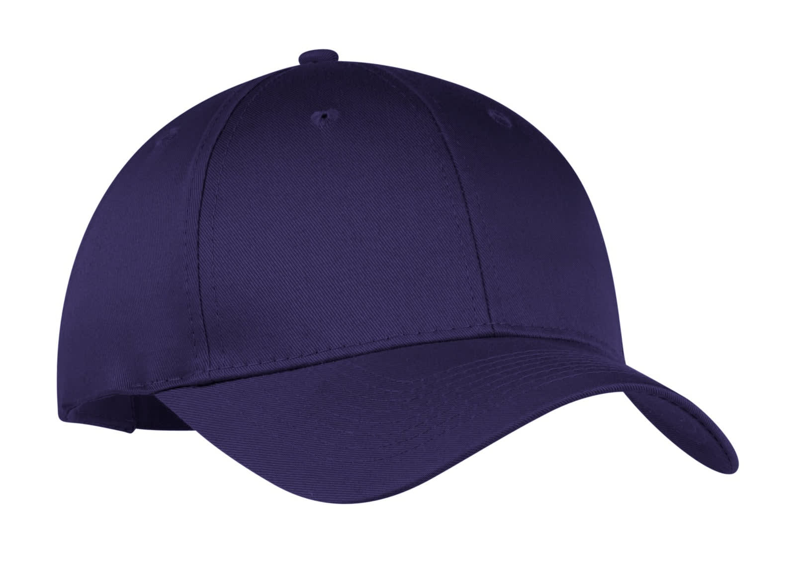 A navy blue six-panel twill cap featuring a curved brim and a logo. Ideal for headwear promotion.