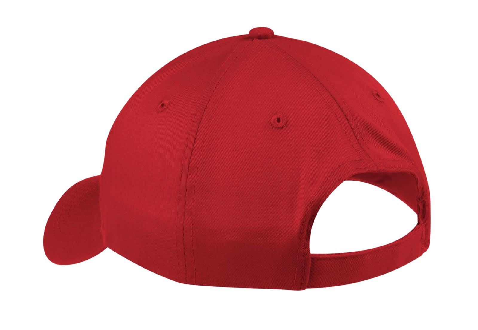 A red six-panel twill cap featuring an adjustable back and a logo on the side.