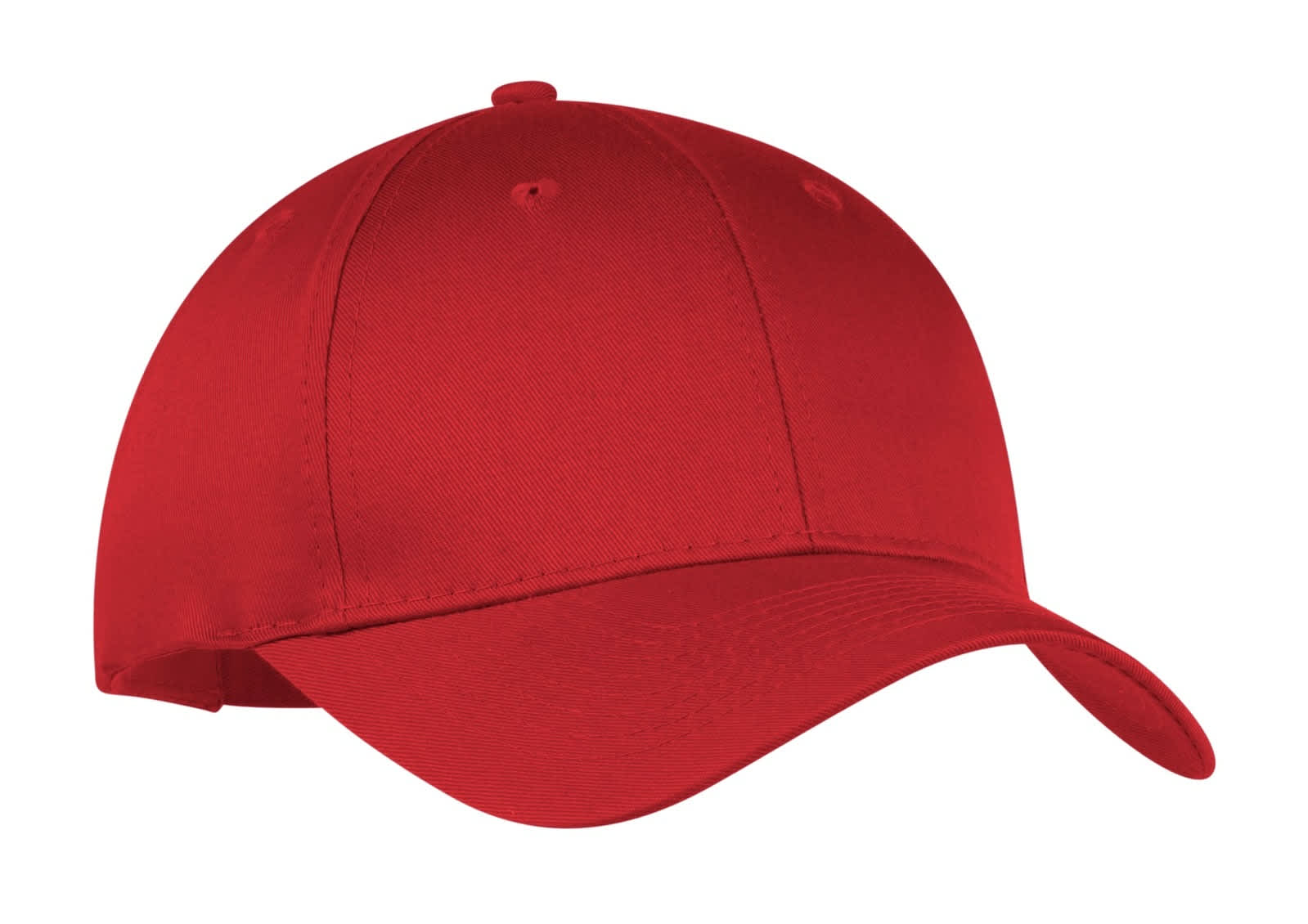 A red six-panel twill cap featuring a curved brim and a seamless front panel, with an included logo.