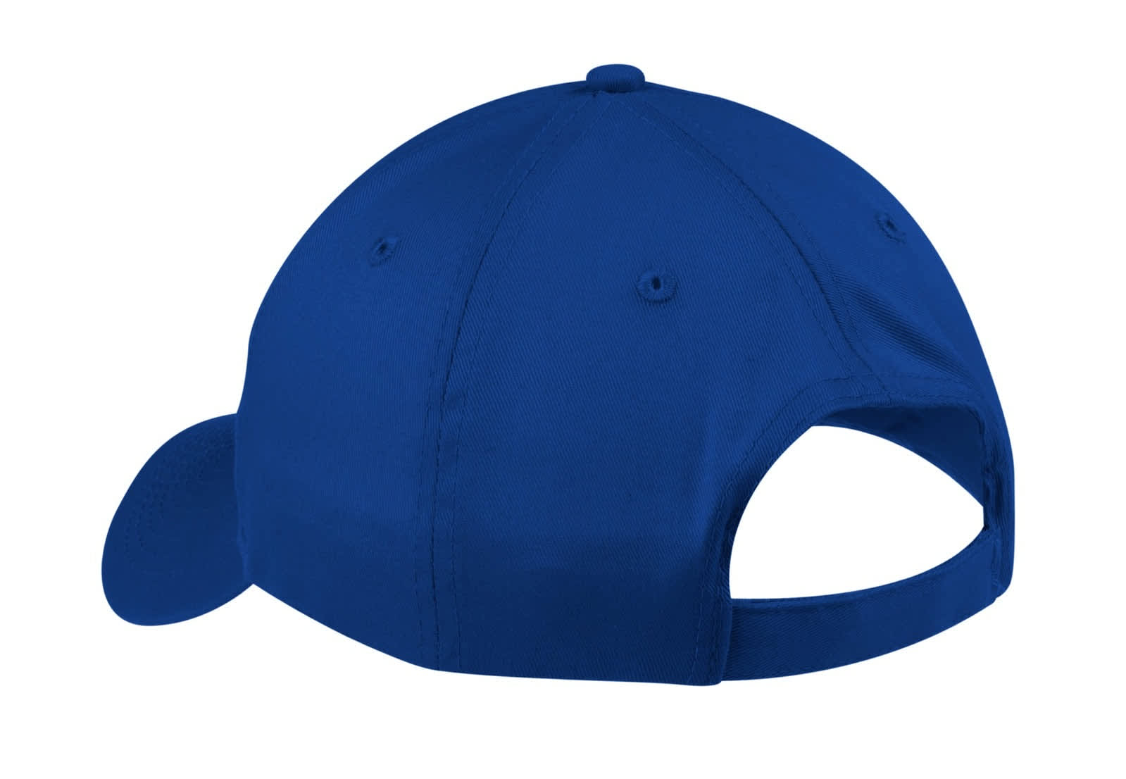 A blue six-panel twill cap featuring a back opening and a logo on the side.