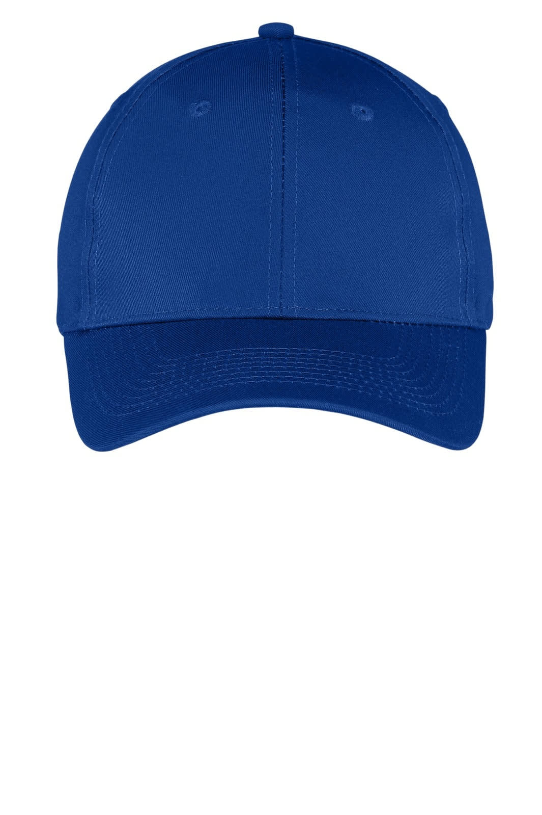 A blue six-panel twill cap featuring a curved peak and an adjustable strap at the back. It has a logo on the front.