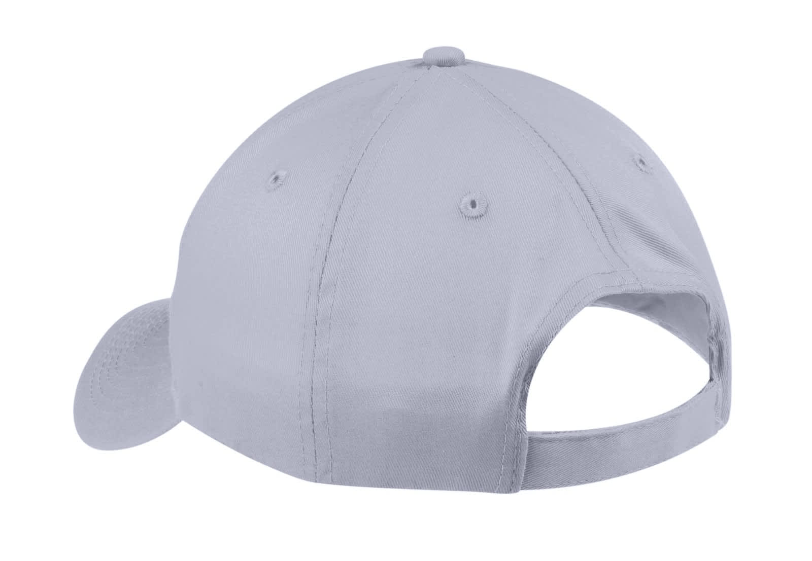 A grey six-panel twill cap featuring an open back and a logo.