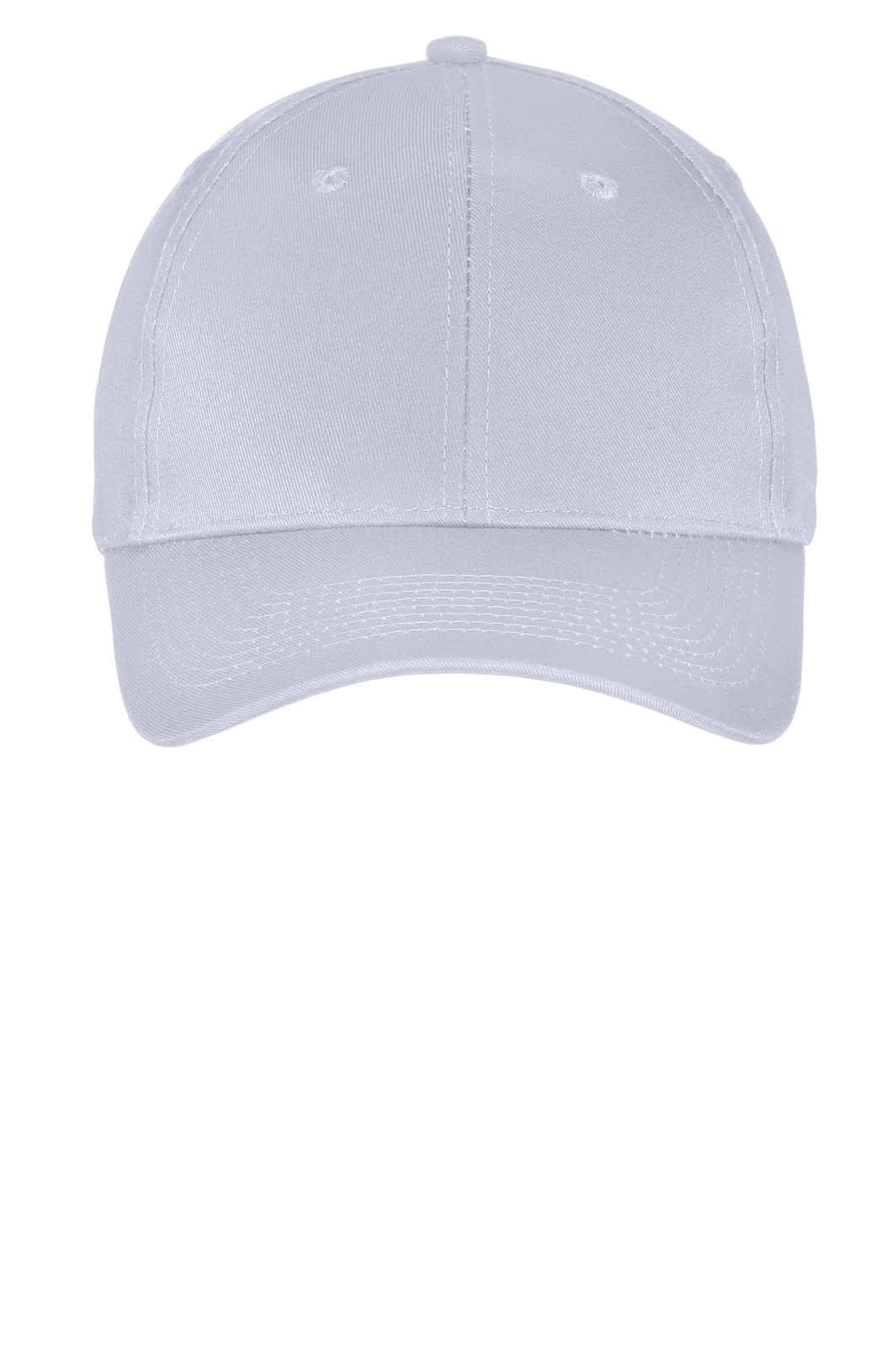A white six-panel twill cap featuring a curved brim and a logo on the front.