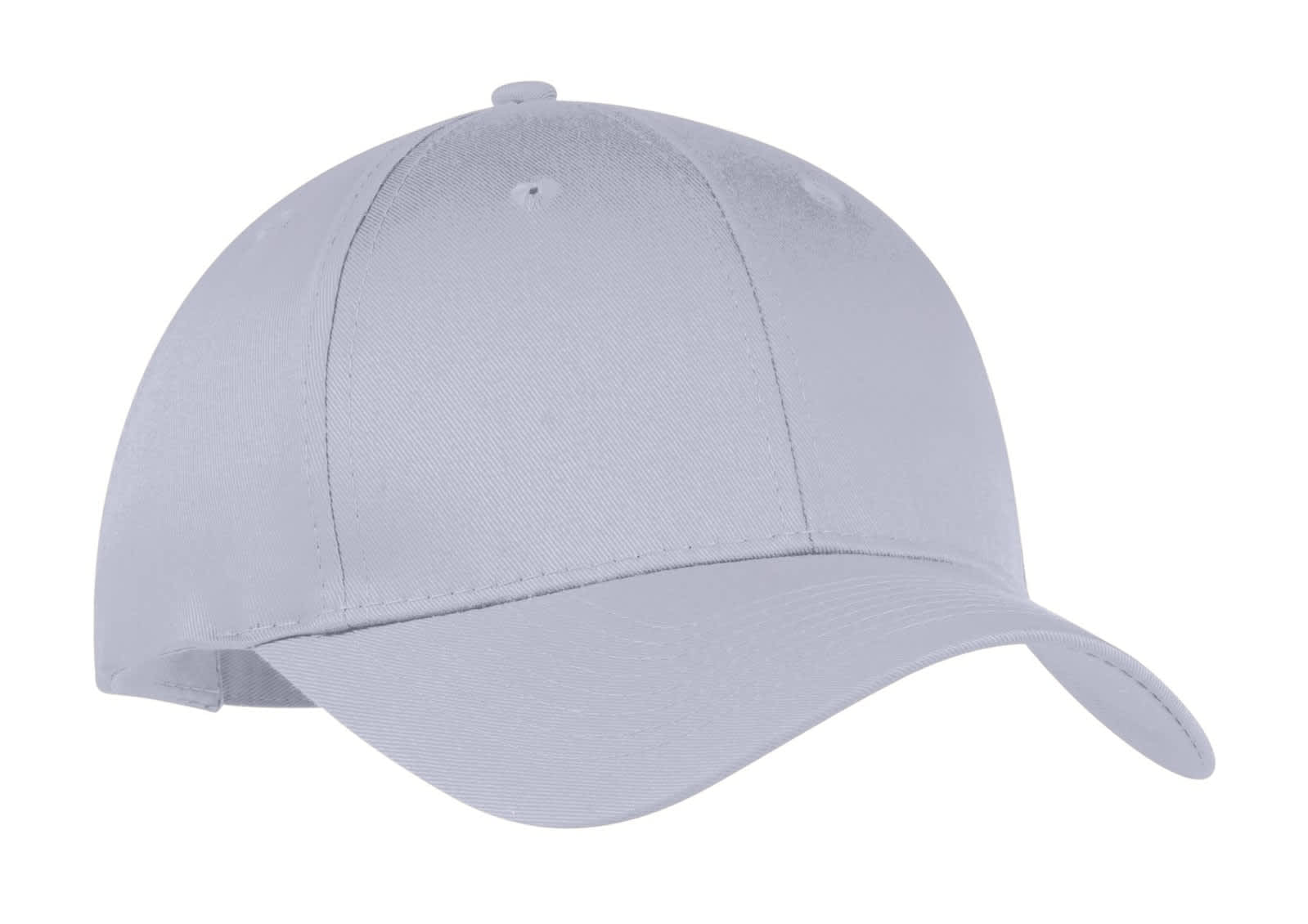 A light grey six-panel twill cap with a curved brim and an adjustable strap at the back. Features a logo.