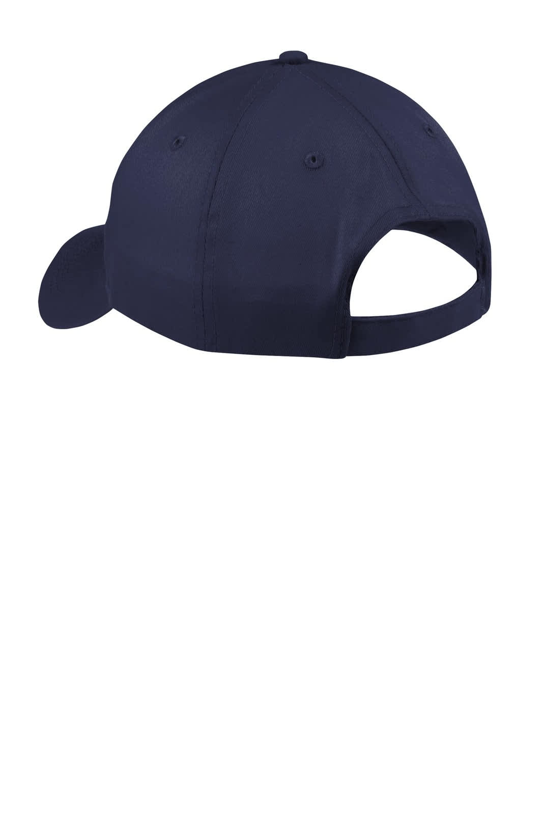A navy blue six-panel twill cap with a rear opening and adjustment strap, featuring a logo.