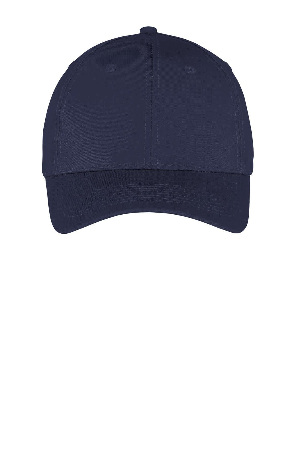 A navy blue six-panel twill cap with a curved brim and a logo on the front.