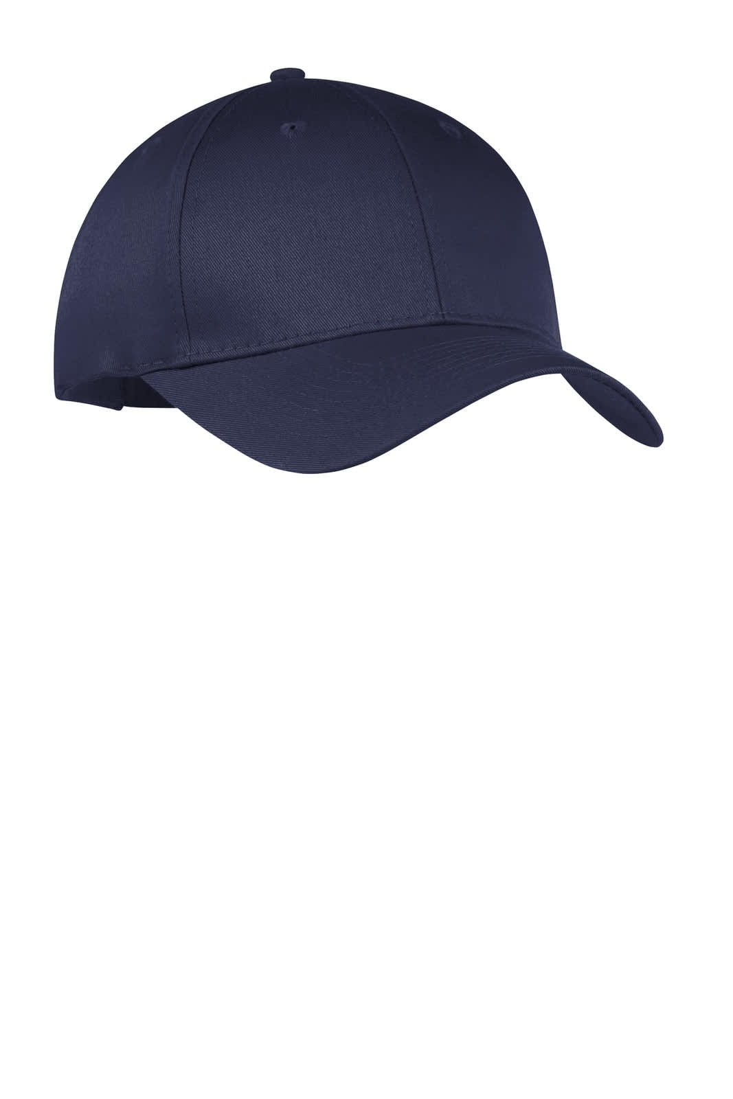 A navy blue six-panel twill cap with a structured design and a logo on the front.