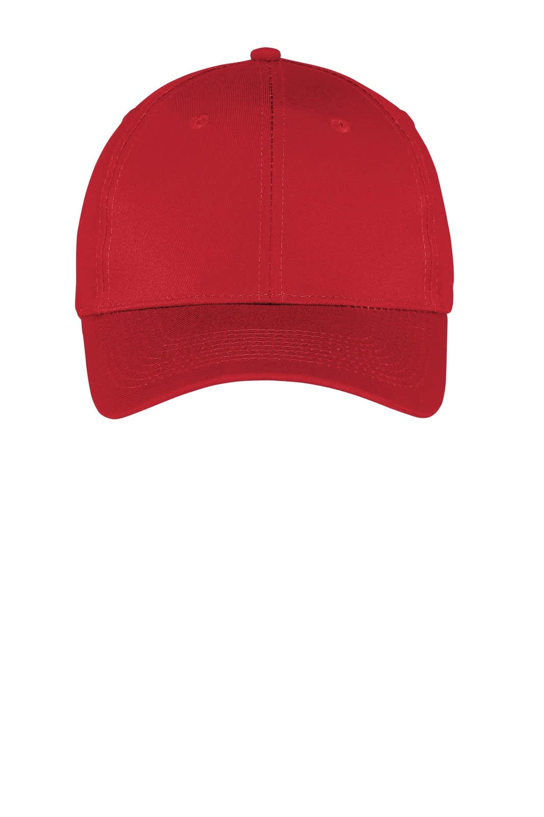A red six-panel twill cap featuring a logo on the front, designed for headwear.