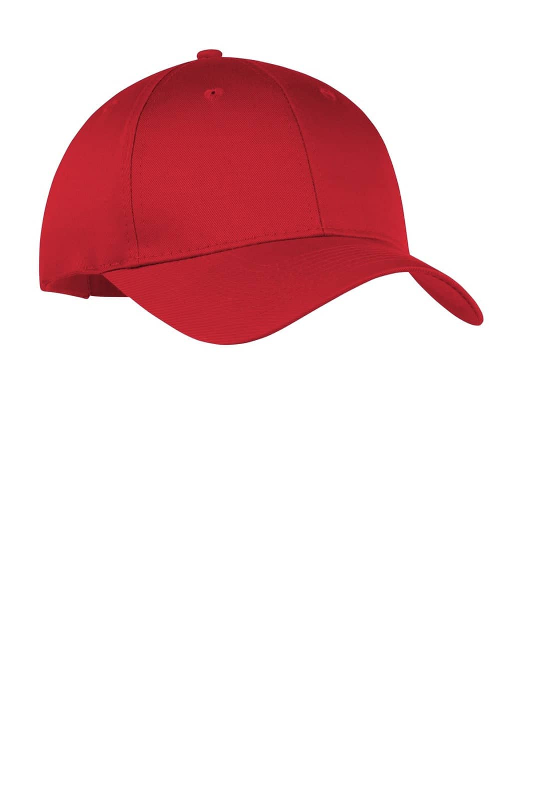 A red six-panel twill cap with a curved brim and an adjustable strap, featuring a logo.