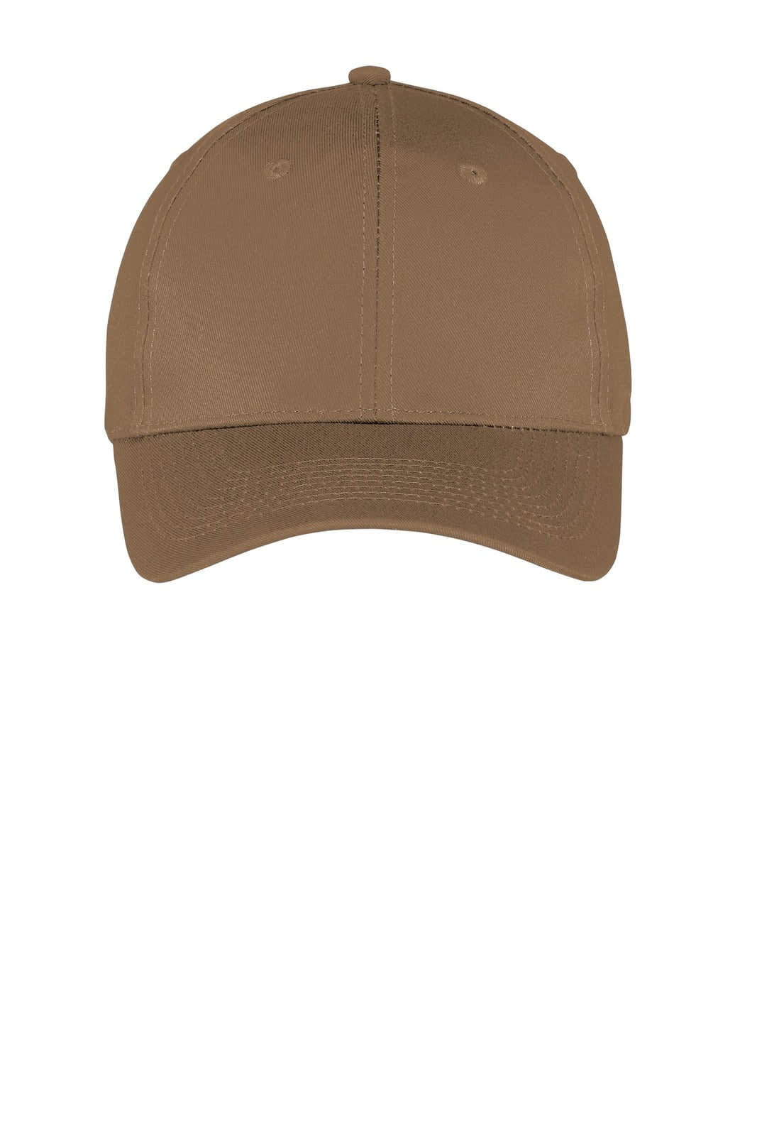 A tan six-panel twill cap with a curved brim and a logo on the front.