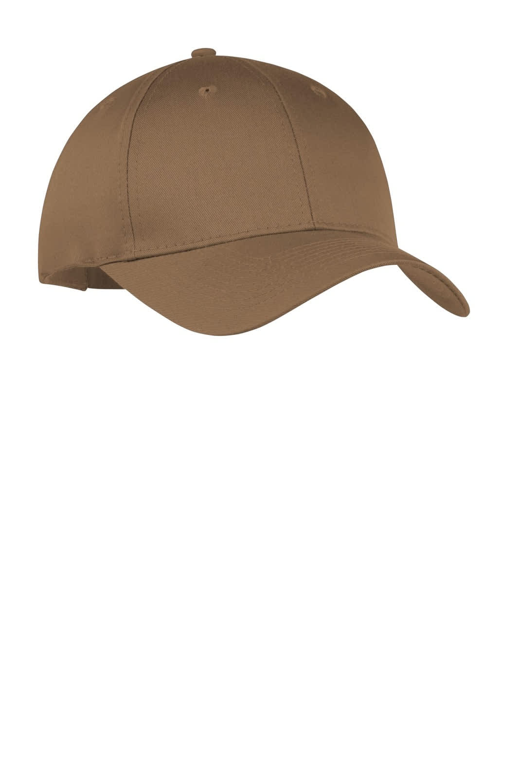 A brown six-panel twill cap featuring a curved brim and a logo on the front.