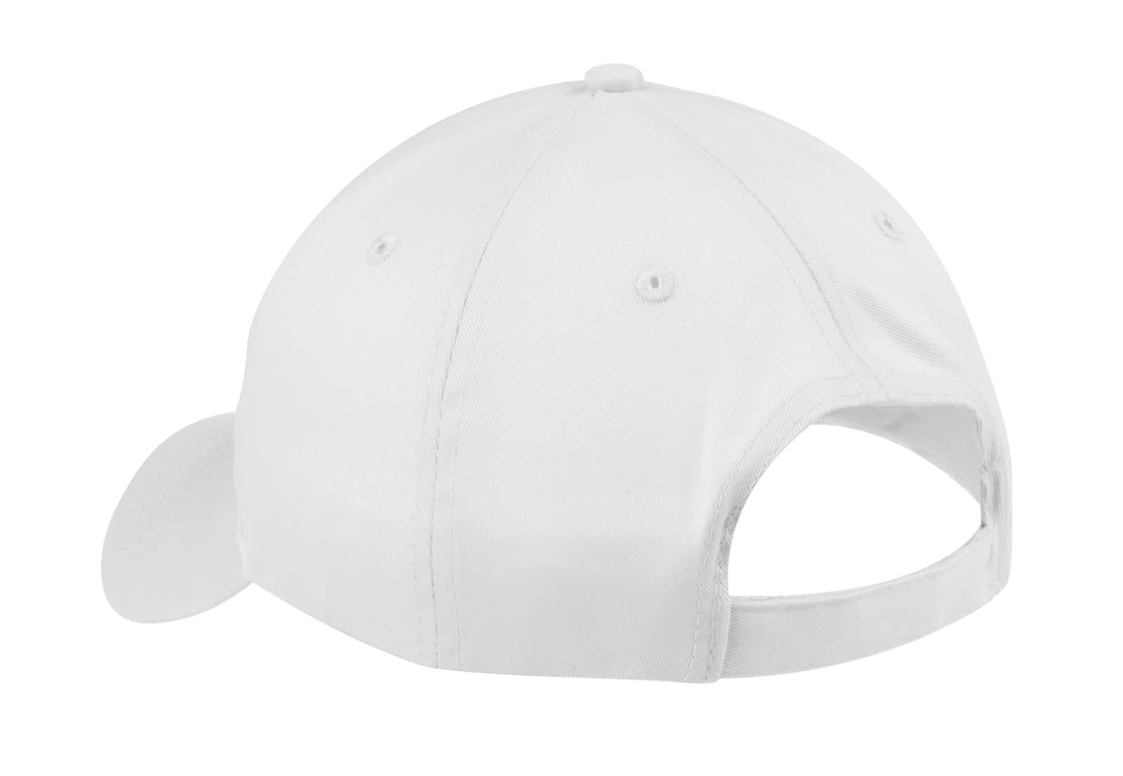 A white six-panel twill cap featuring a back opening and an adjustable strap, also showcasing a logo.