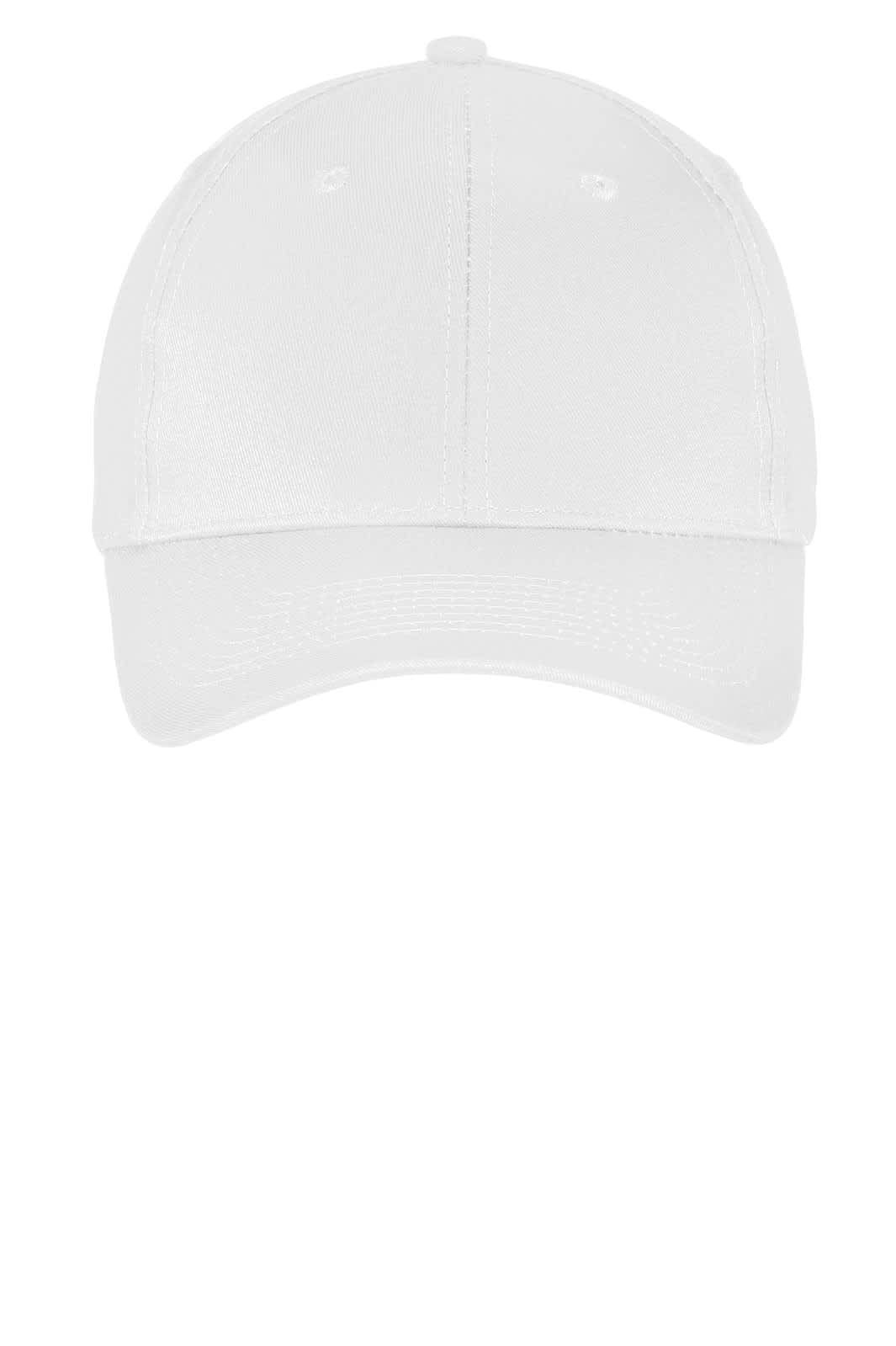 A white six-panel twill cap featuring a curved brim and an adjustable strap at the back. It has a logo.