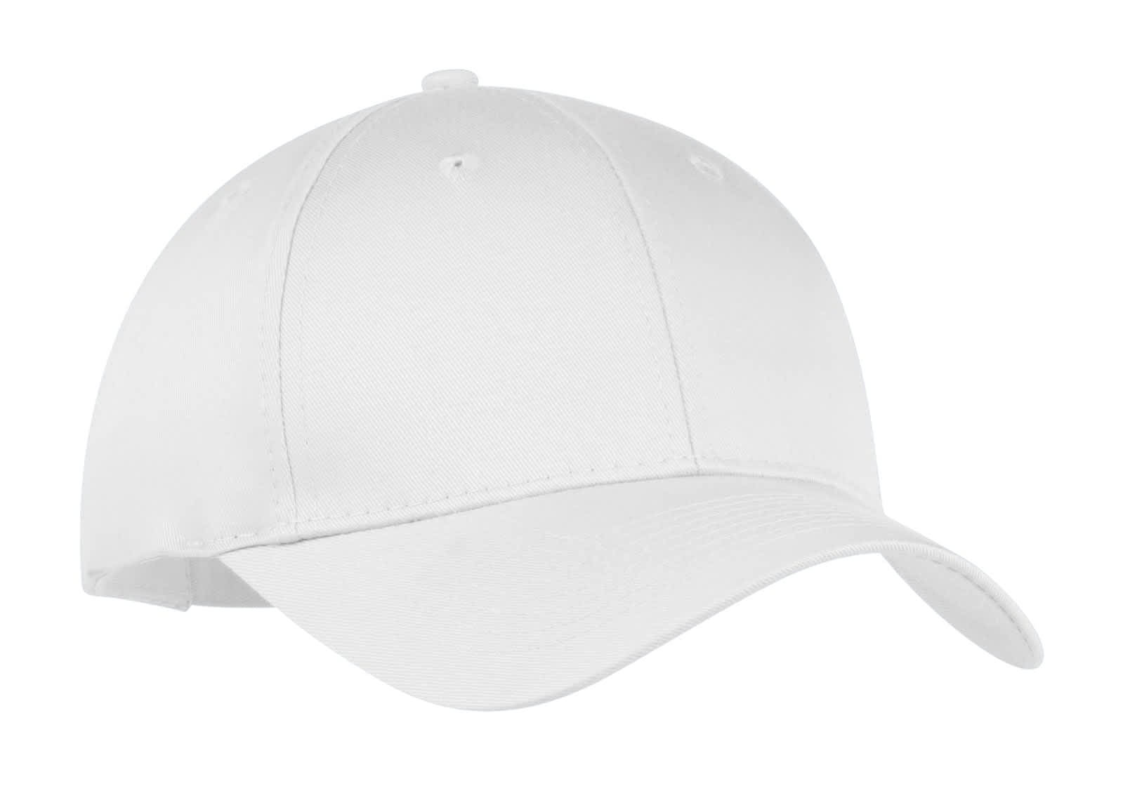 A white six-panel twill cap with a slightly curved brim and ventilation eyelets, featuring a logo.