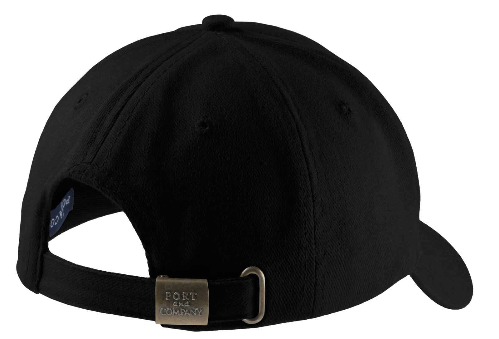 A black brushed twill cap featuring a branded logo on the back and an adjustable strap.
