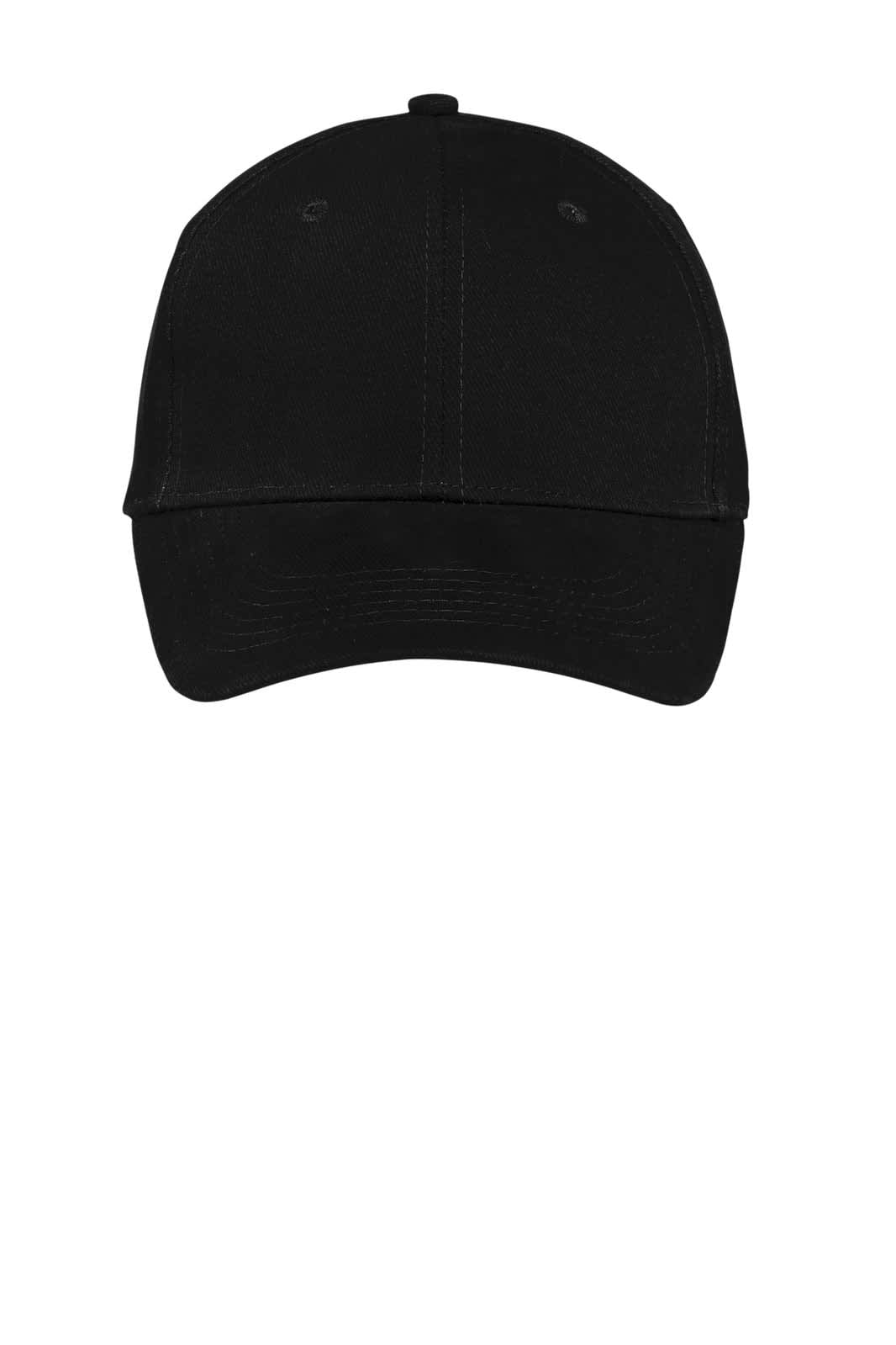 A black brushed twill cap featuring a structured design and a front panel with a logo.