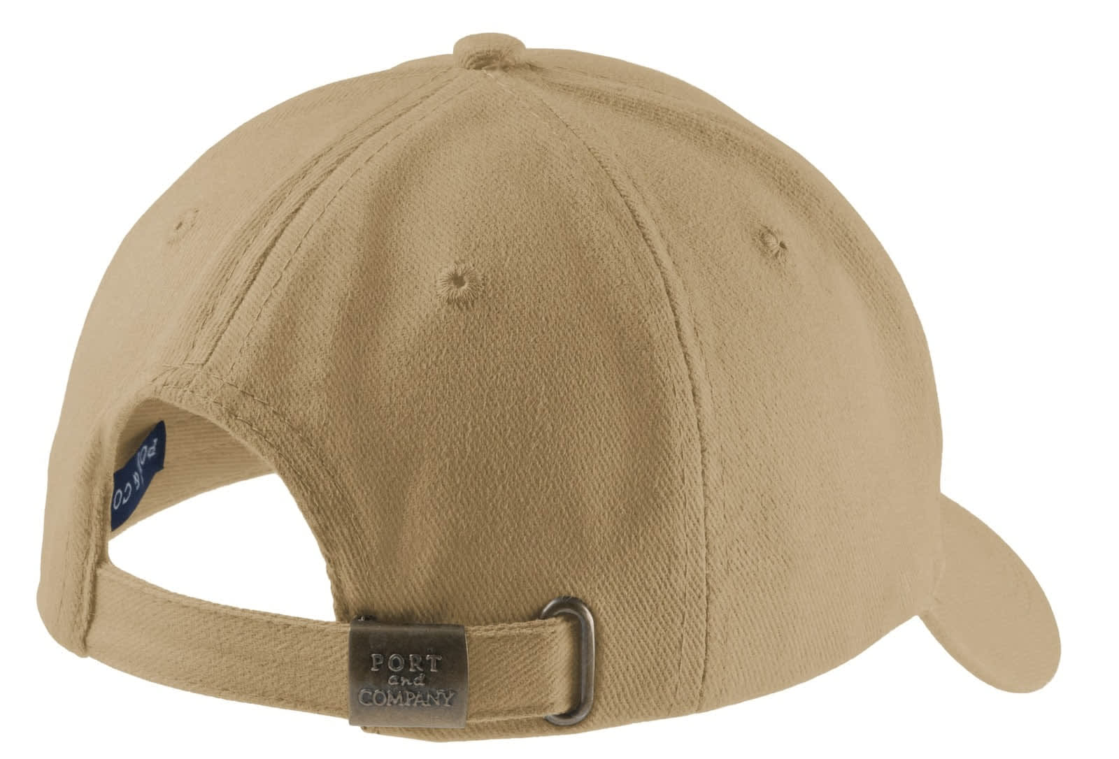 A khaki brushed twill cap with a rear adjustable strap and a logo.