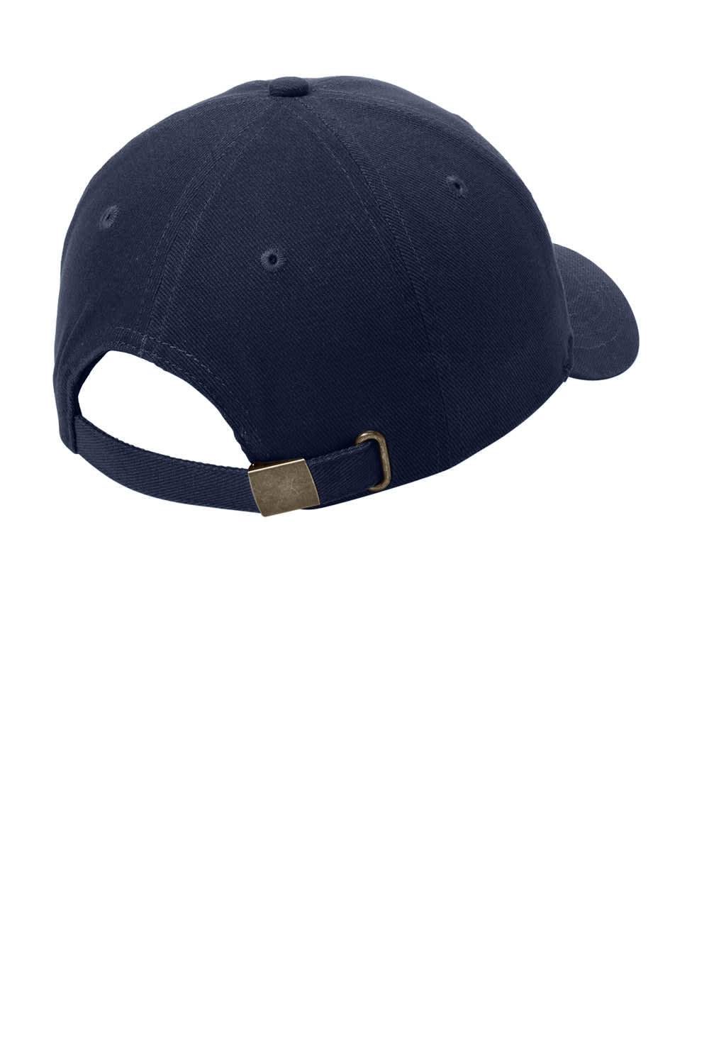 A navy blue brushed twill cap featuring an adjustable strap and a logo on the back.