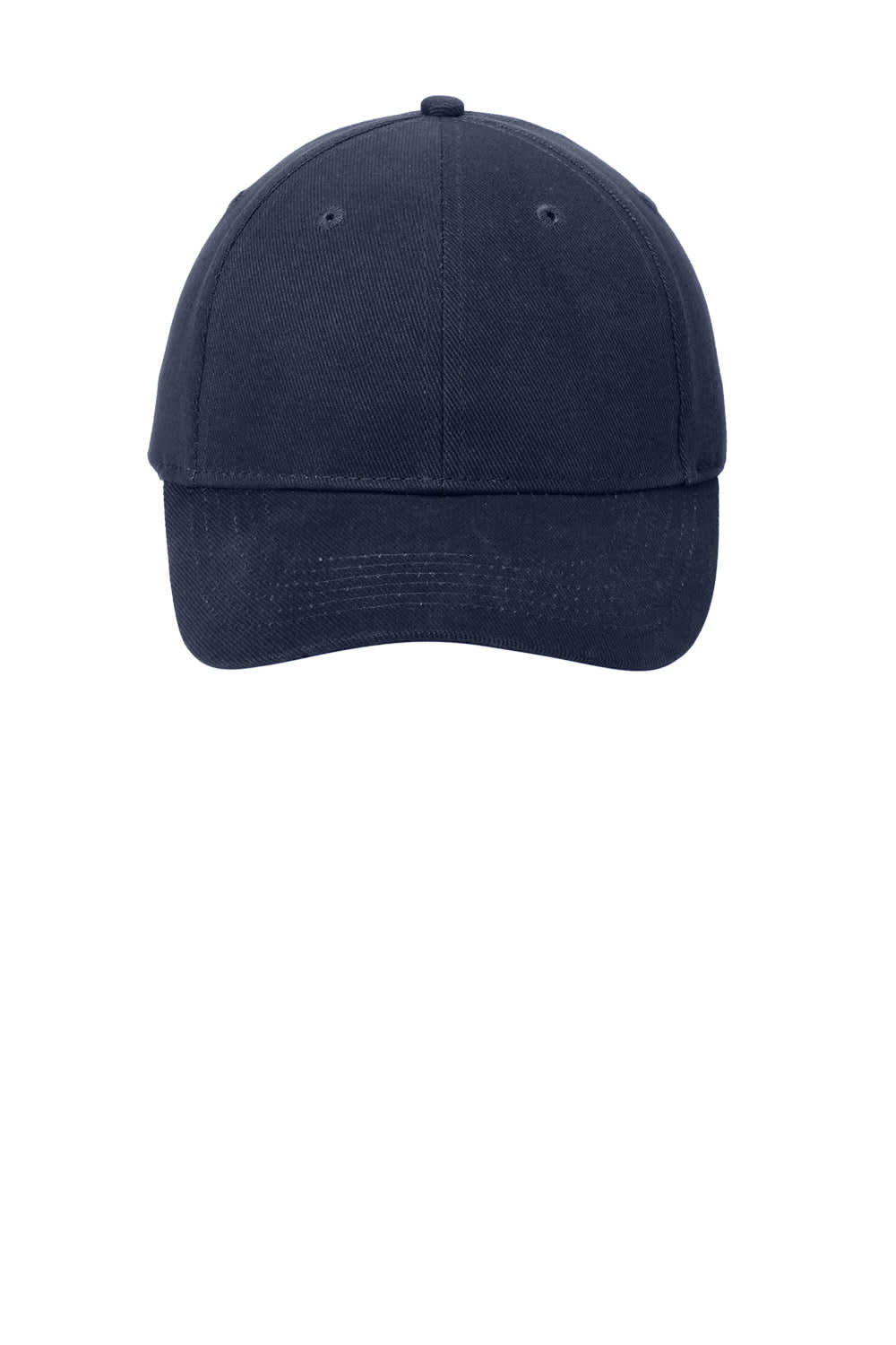 A navy brushed twill cap featuring a structured design and a logo on the front.