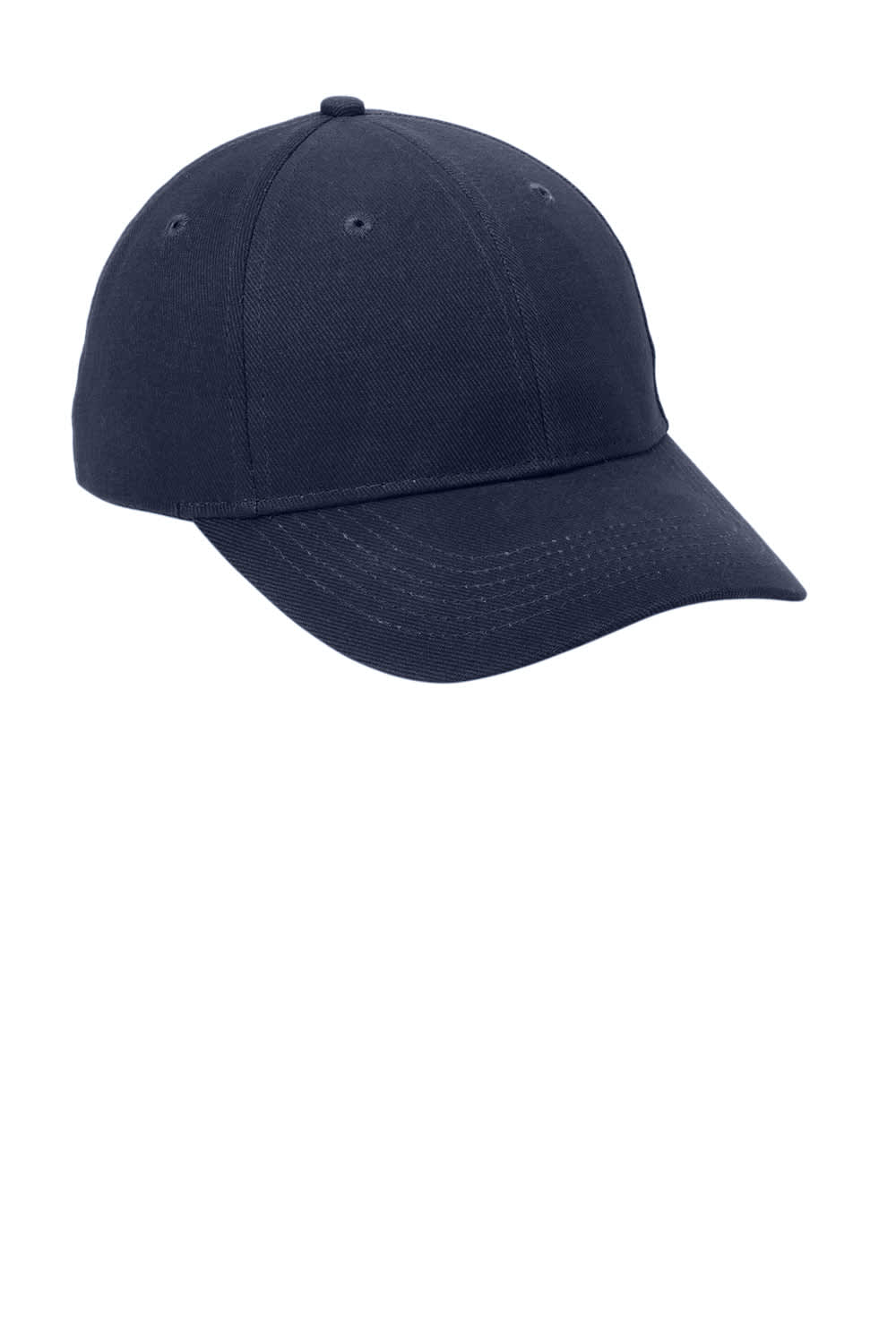 A navy blue brushed twill cap with a curved brim and an adjustable strap at the back. It features a logo.