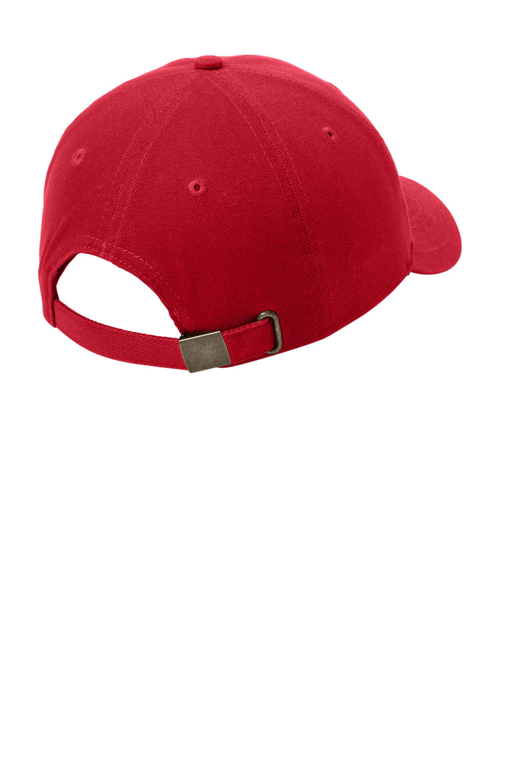 A red brushed twill cap featuring a secure strap and logo on the back, displaying a sleek design.