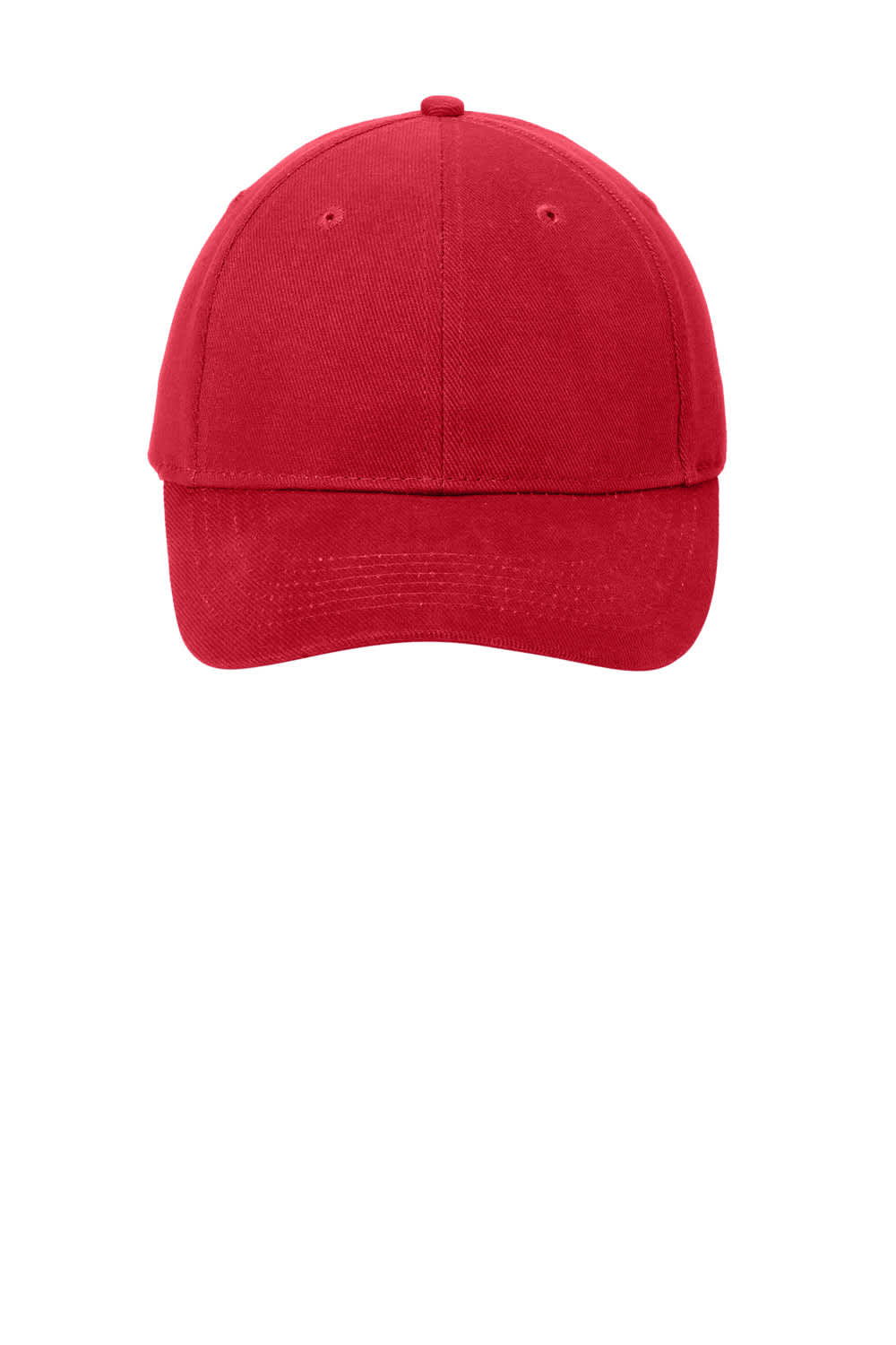 A red brushed twill cap with a rounded crown and a curved brim, featuring a logo.