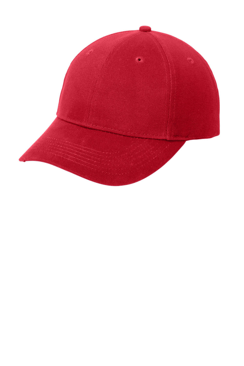 A red brushed twill cap with a curved brim and ventilation holes, featuring a logo on the front.