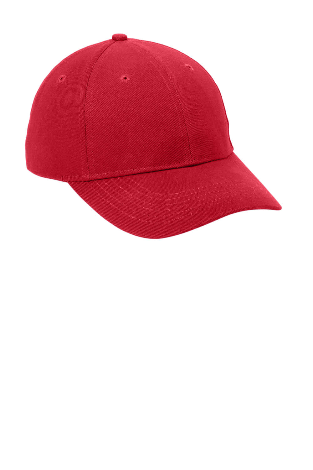 A red brushed twill cap featuring a round crown and a curved brim, with a logo on the front.