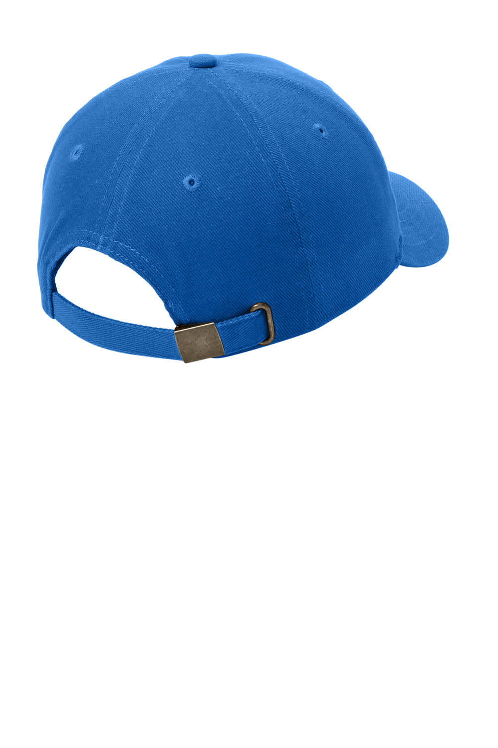 A blue brushed twill cap featuring a back strap and metal adjuster, with a logo on the side.