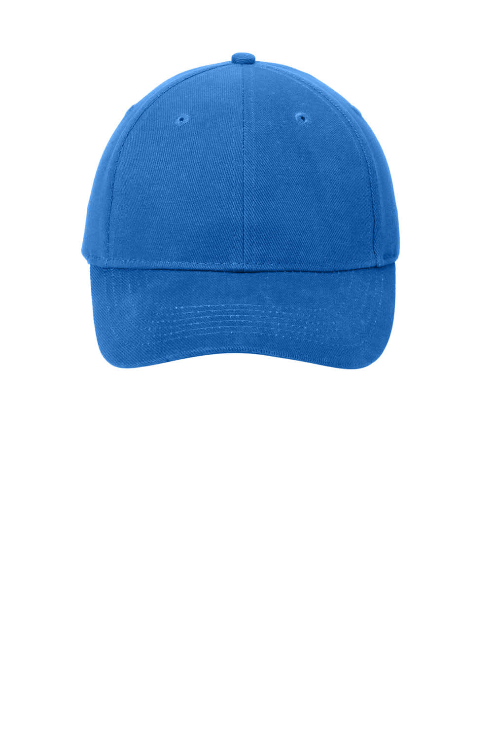 A blue brushed twill cap featuring a front panel and a logo. Suitable for casual wear and headwear promotion.
