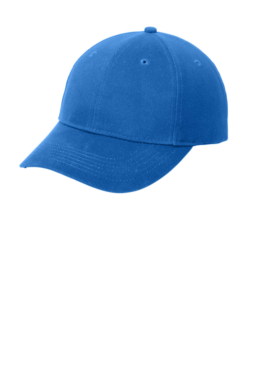 A blue brushed twill cap featuring a curved brim and a logo on the front.