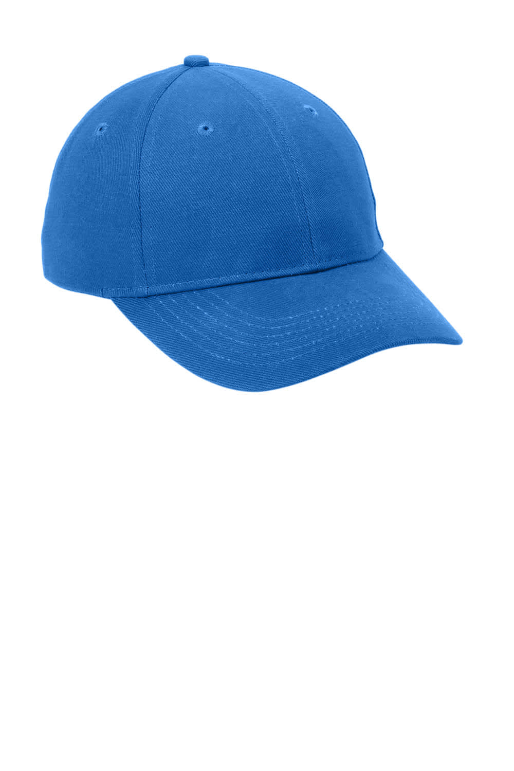 A blue brushed twill cap featuring a logo, with a structured design and curved brim.