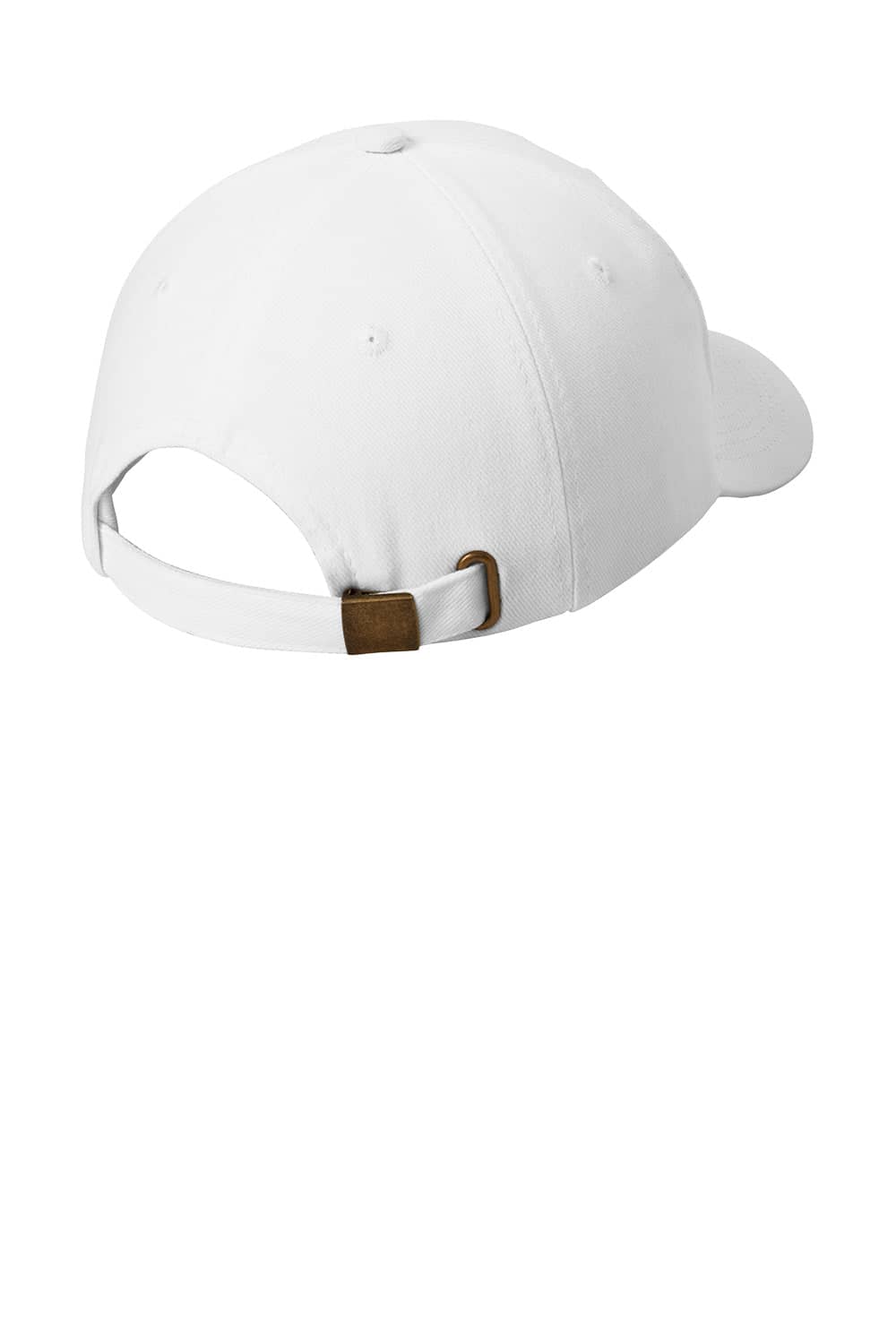 A white brushed twill cap featuring a back strap and a logo. The design is simple and classic.