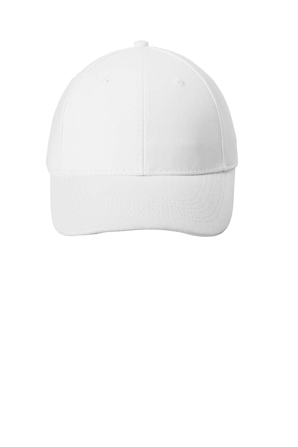 A white brushed twill cap with a curved brim and a structured front, featuring a logo on the front.