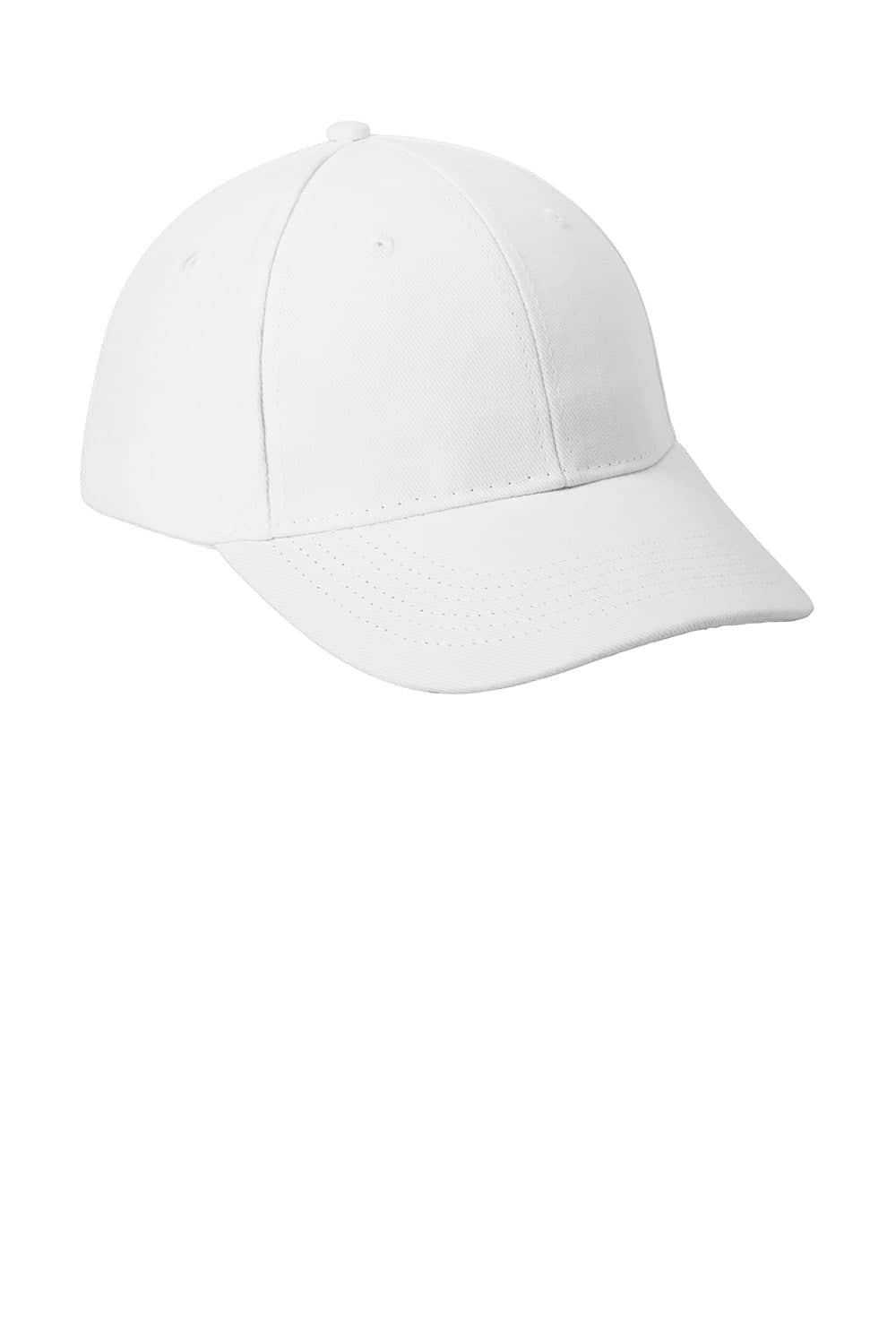 A white brushed twill cap with a curved brim and ventilation holes, featuring a logo on the front.