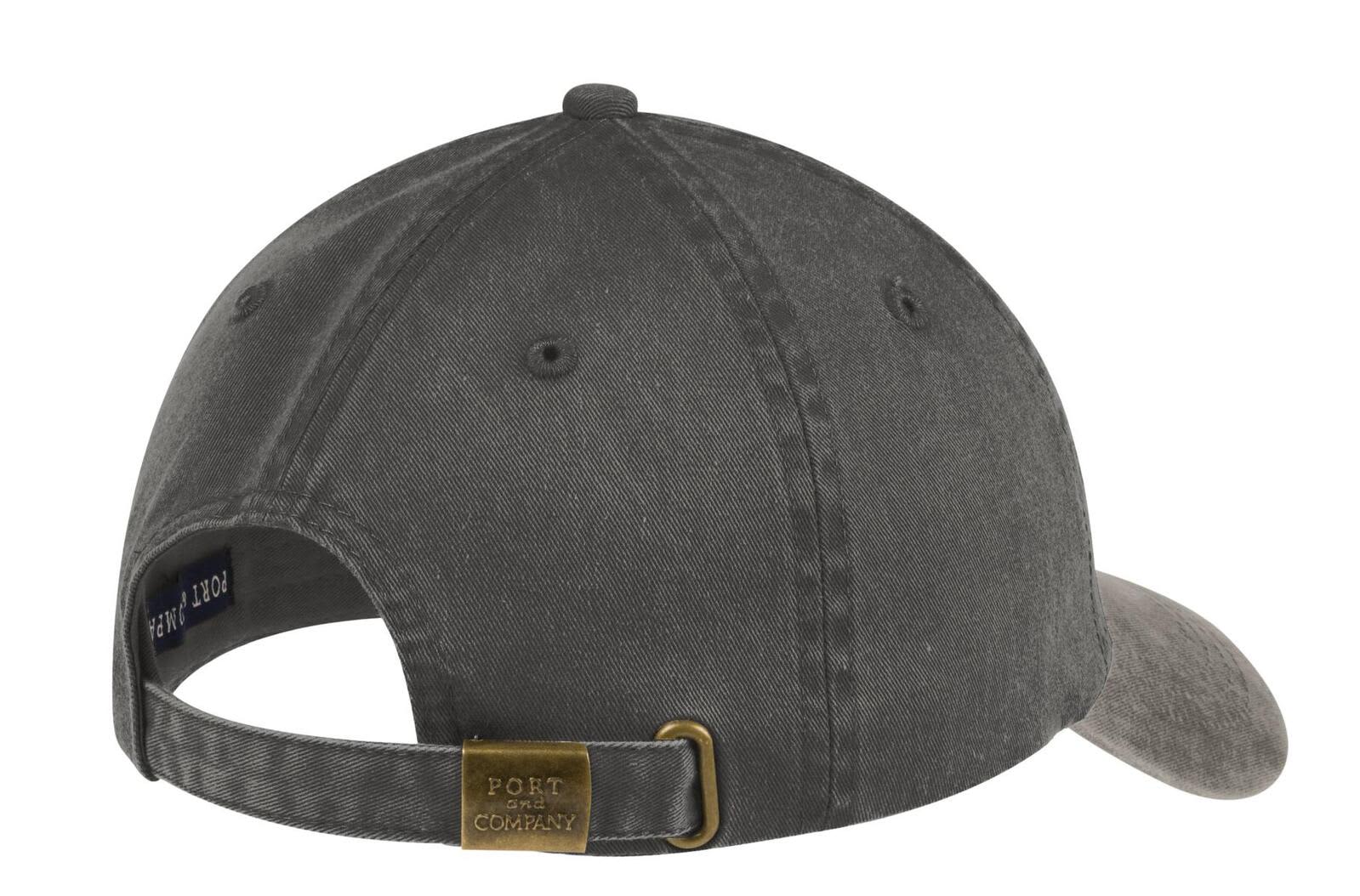 A two-tone pigment-dyed cap in grey featuring a branded metal buckle and adjustable strap at the back.