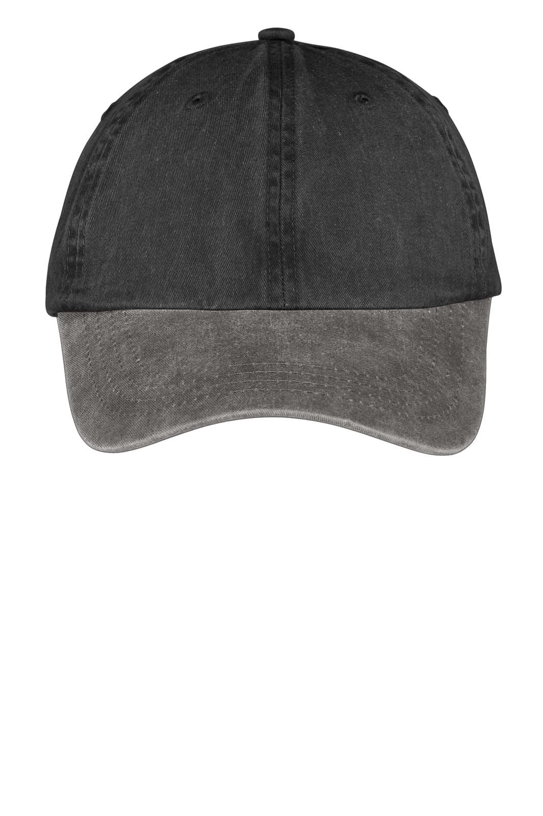 A two-tone pigment-dyed cap in black and grey, featuring a curved brim and a logo on the front.