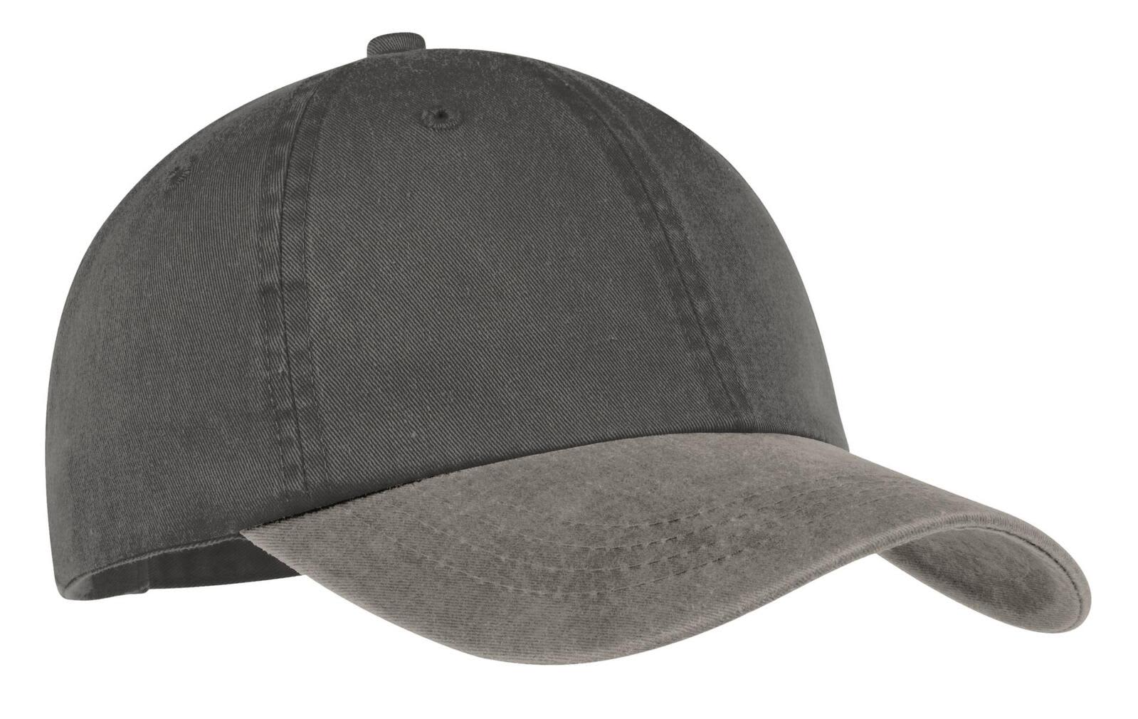 A two-tone pigment-dyed cap in dark grey with a light grey peak, featuring a logo on the front.