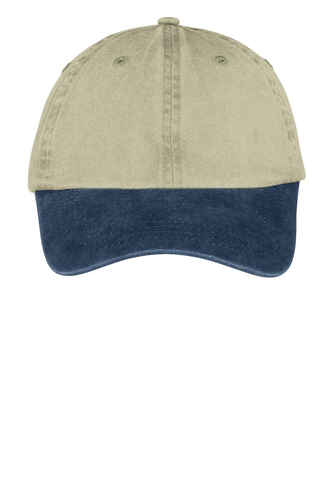 A two-tone pigment-dyed cap featuring a khaki top and navy blue peak, with a logo on the front.