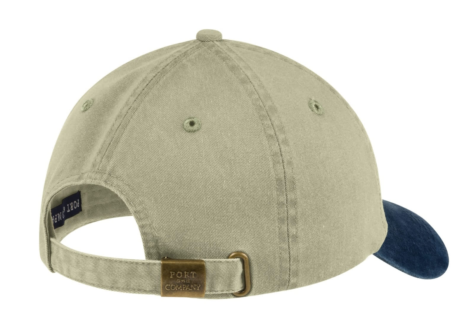 A two-tone pigment-dyed cap featuring a khaki body and navy brim, with an adjustable strap and branding on the back.