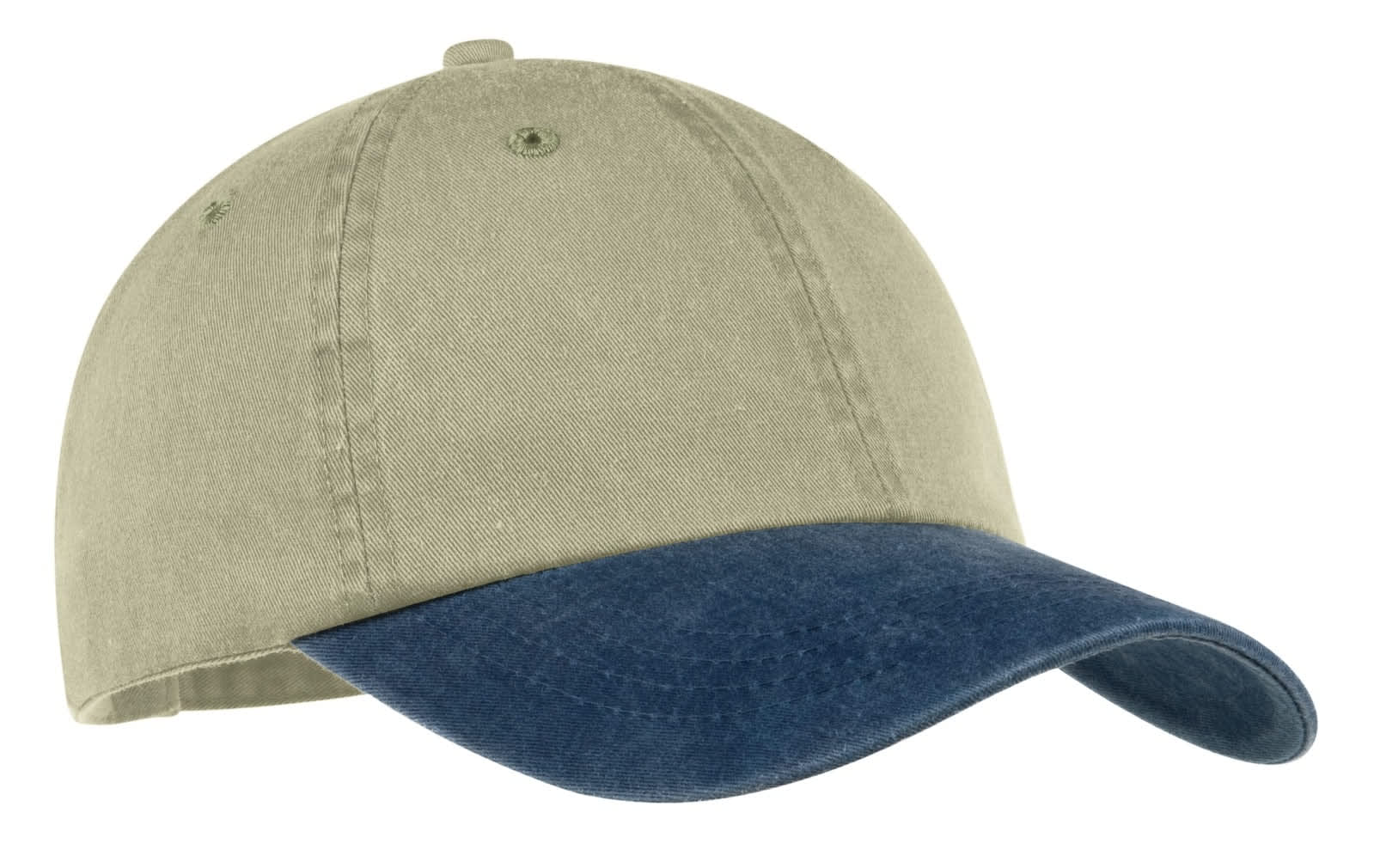 A two-tone cap featuring an olive green body and a navy blue peak, with a logo present on the front.