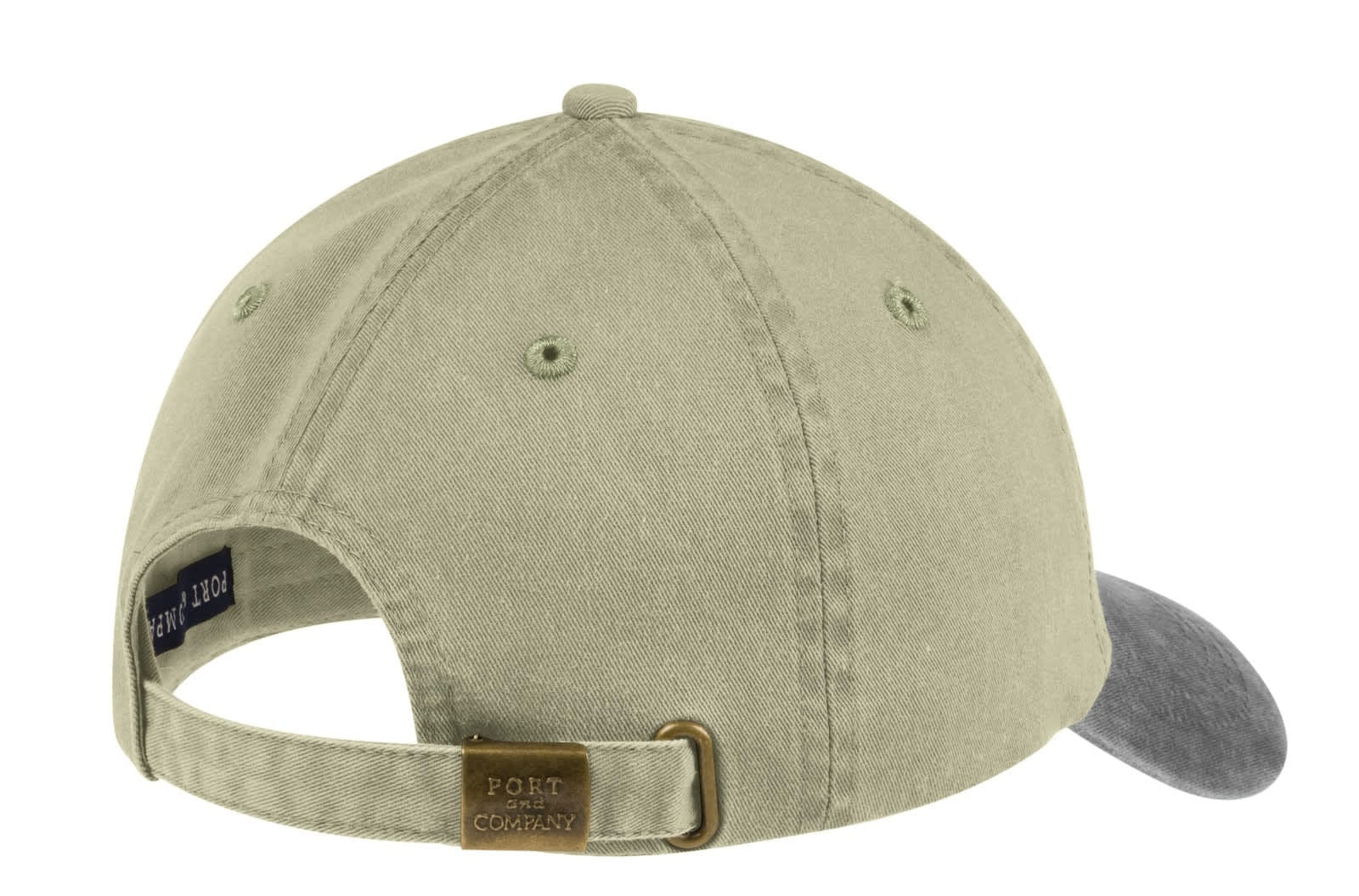 A two-tone pigment-dyed cap in khaki and grey with an adjustable strap and a logo on the side.