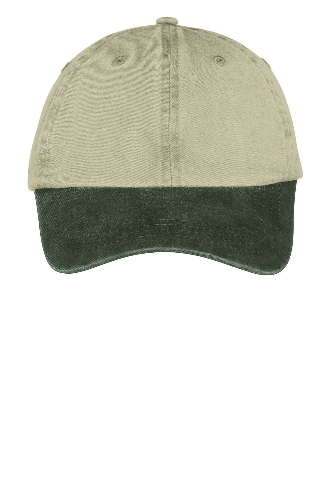 A two-tone pigment-dyed cap featuring a light khaki top and dark green brim, complete with a logo.