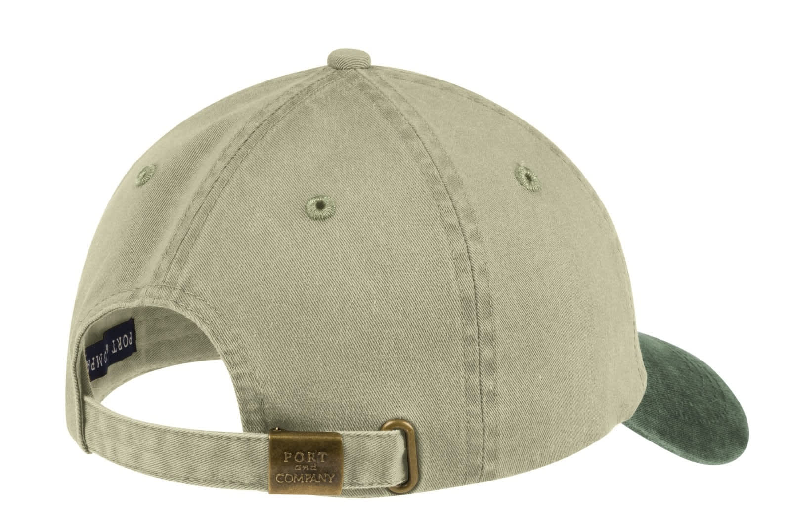 A two-tone pigment-dyed cap in khaki and green, featuring an adjustable strap and a branded logo on the back.